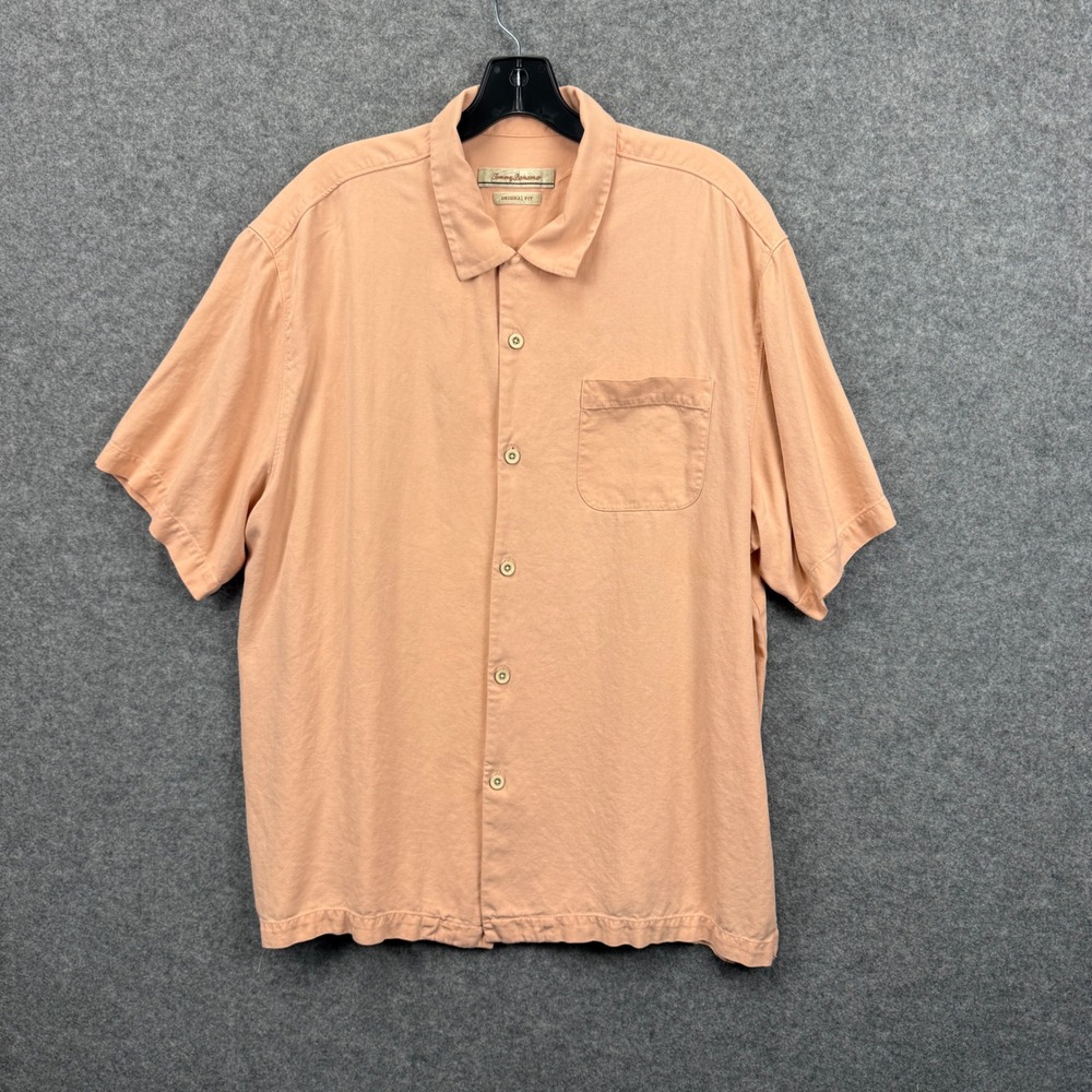Tommy Bahama Mens XL Silk Herringbone Button Down Shirt Peach Short Sleeve XL/TG